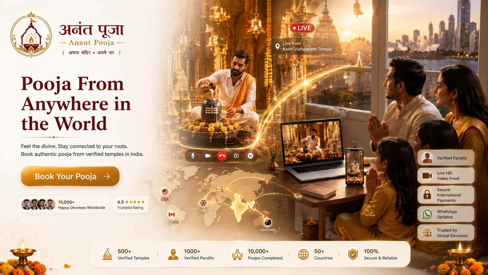 Online puja for NRIs — live Sankalp in your timezone and temple prasad delivered to the USA, UK, Canada, Australia and UAE